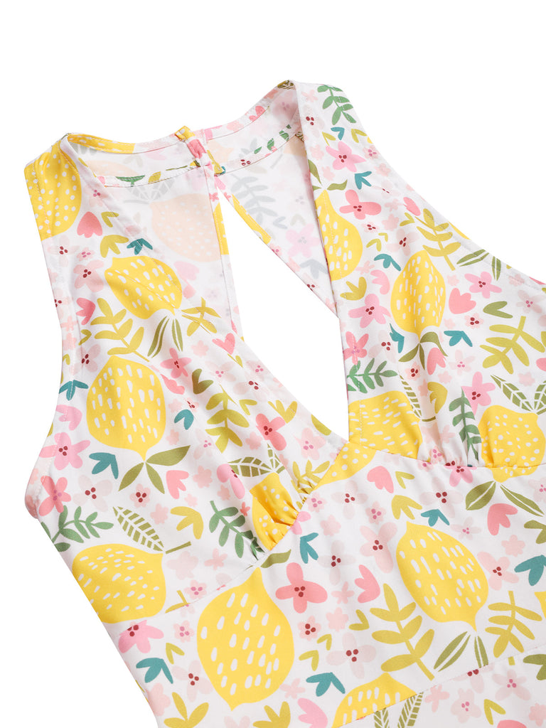 Robe rose à col en V et motif fleurs des années 1950