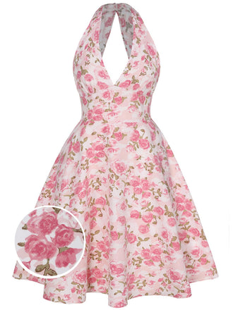 [Grande taille] Robe rose à fleurs et col en V des années 1950