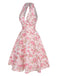 Robe orange à col en V et motif fleurs des années 1950