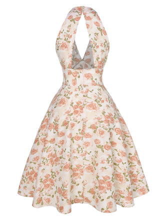 Robe orange à col en V et motif fleurs des années 1950