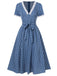Robe ceinturée à pois bleu foncé à col en V des années 1930