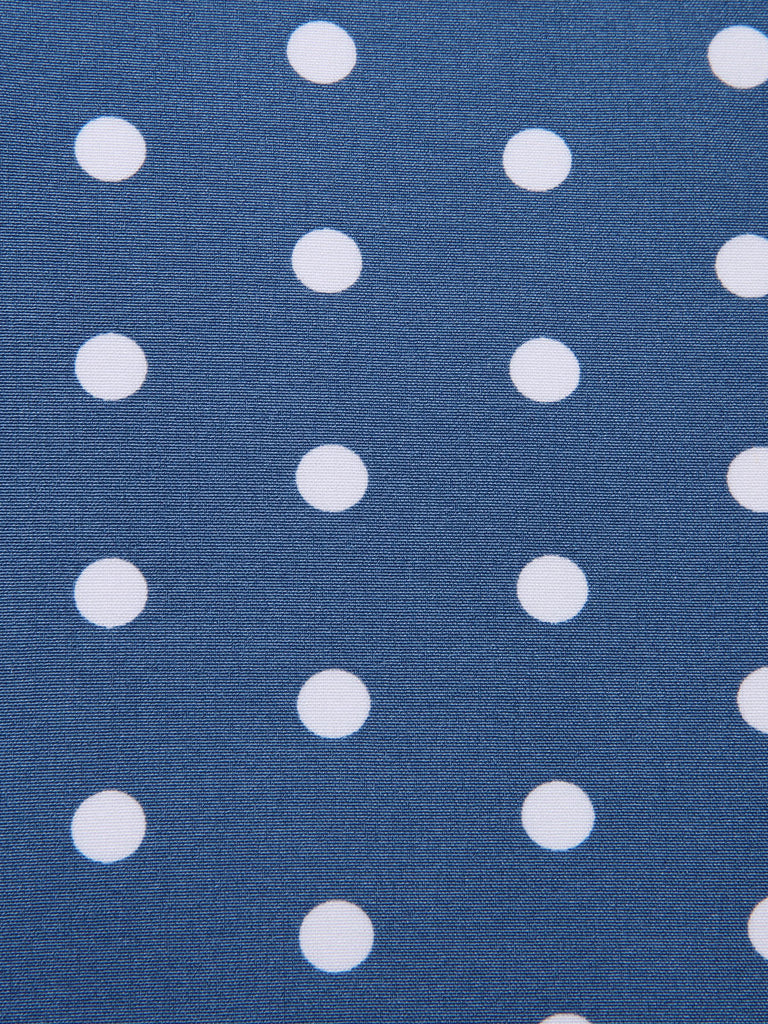 Robe ceinturée à pois bleu foncé à col en V des années 1930