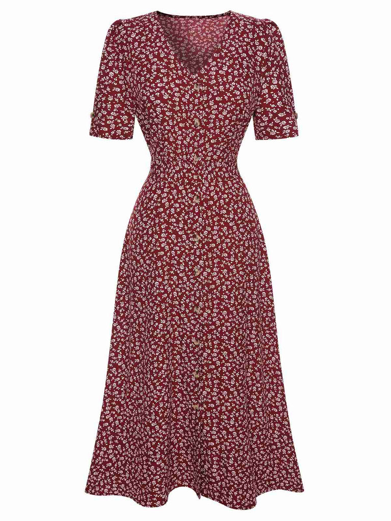 Robe à fleurs en V rouge vin des années 40 Vintage Chic