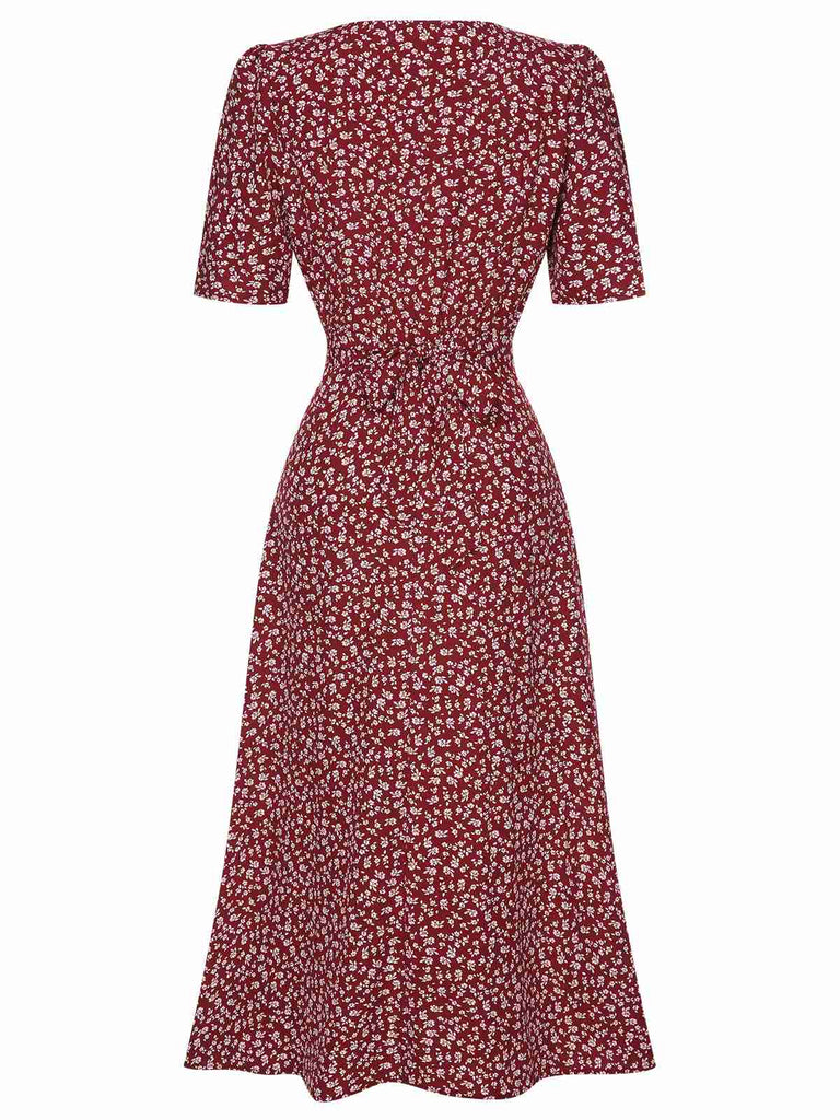 Robe à fleurs en V rouge vin des années 40 Vintage Chic