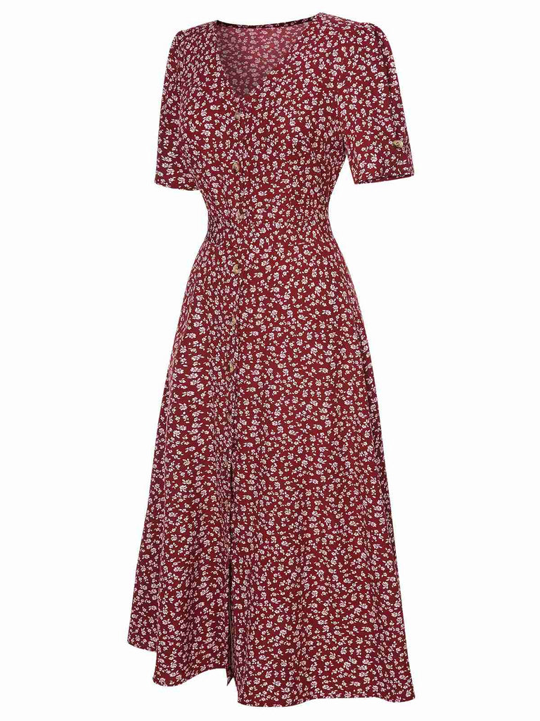 Robe à fleurs en V rouge vin des années 40 Vintage Chic