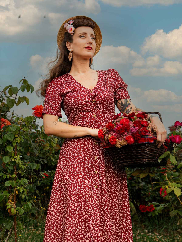 Robe à fleurs en V rouge vin des années 40 Vintage Chic