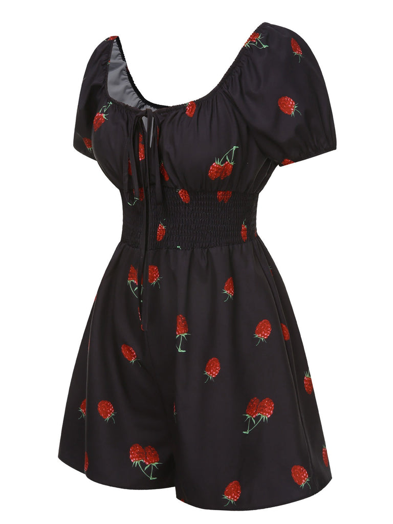 Combishort noire à manches bouffantes framboise des années 1950