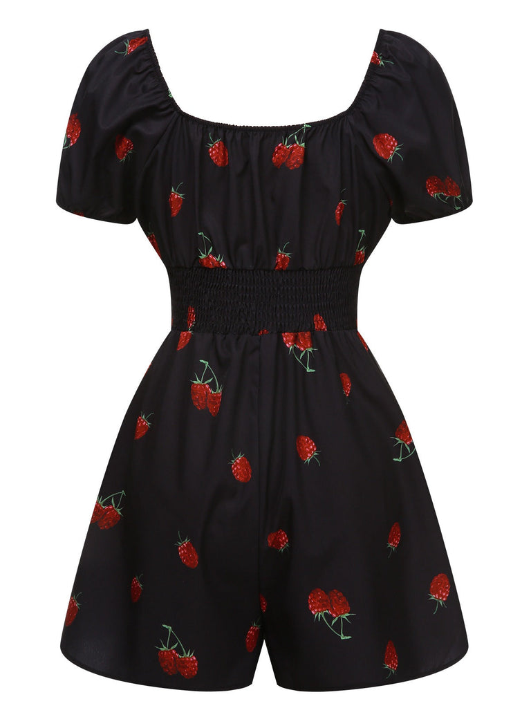 Combishort noire à manches bouffantes framboise des années 1950