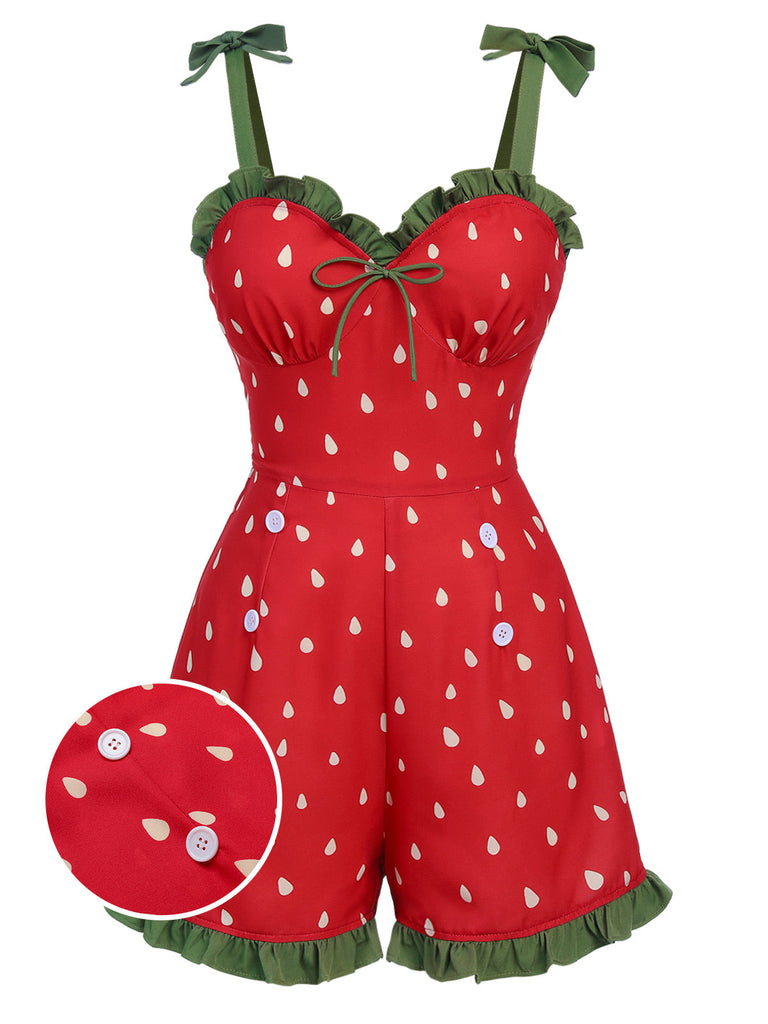 [Pré-vente] Combishort rouge à bretelles volantées fraise des années 1950