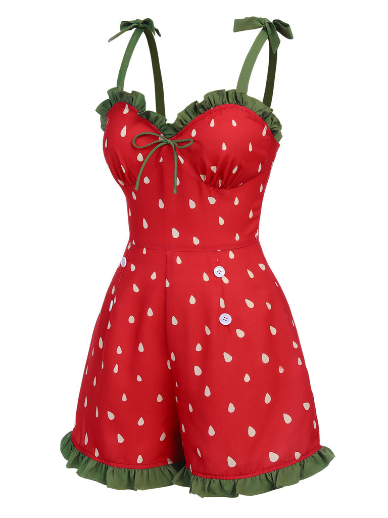 [Pré-vente] Combishort rouge à bretelles volantées fraise des années 1950