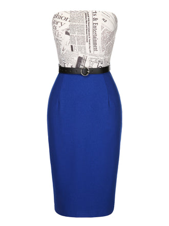 Robe crayon bandeau bleu foncé avec ceinture de journal des années 1960