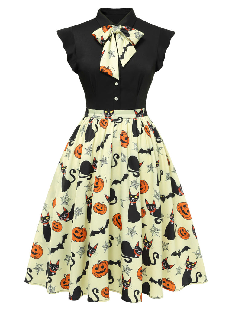 Robe jaune à revers avec nœud pour Halloween des années 1950