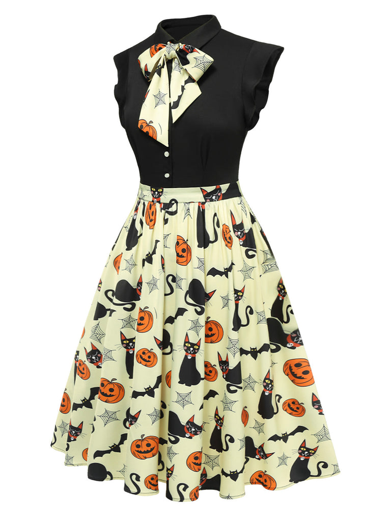 Robe jaune à revers avec nœud pour Halloween des années 1950