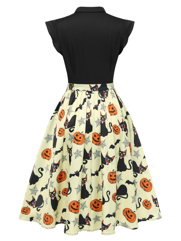 Robe jaune à revers avec nœud pour Halloween des années 1950