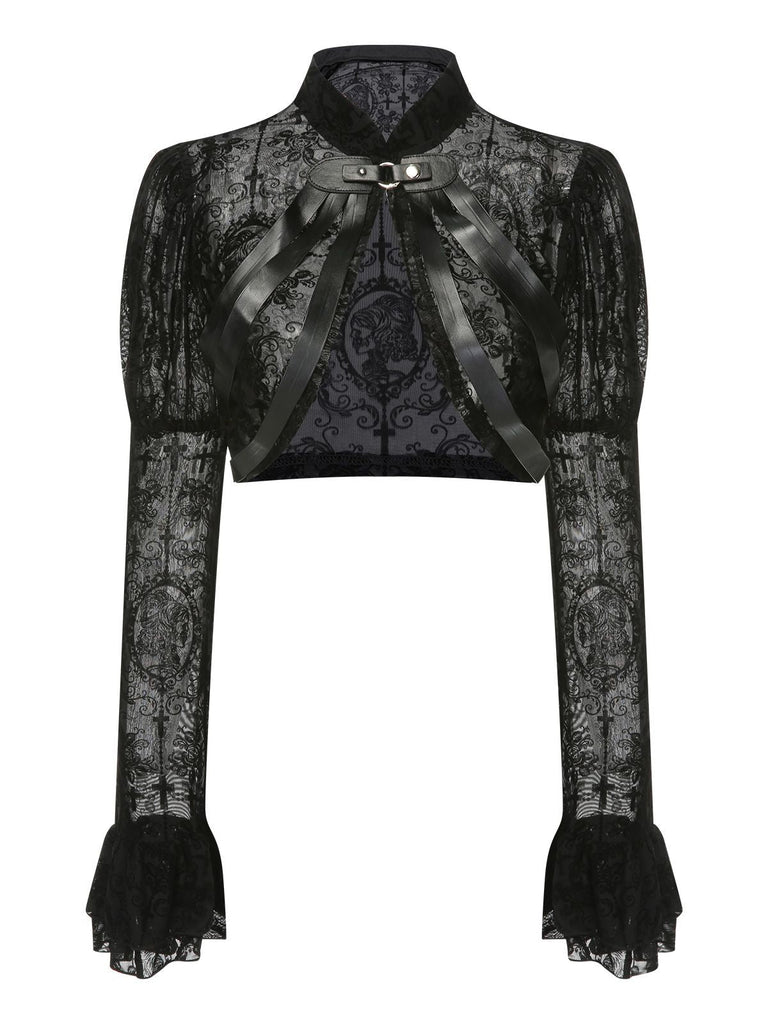 Haut noir boucle gothique en dentelle pour Halloween des années 1960