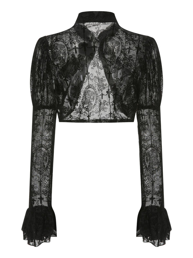 Haut noir boucle gothique en dentelle pour Halloween des années 1960