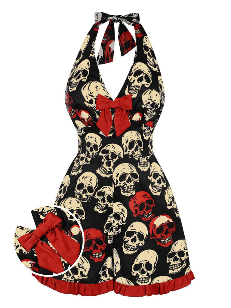[Pré-vente] Combishort noire à col licou avec tête de mort des années 1960