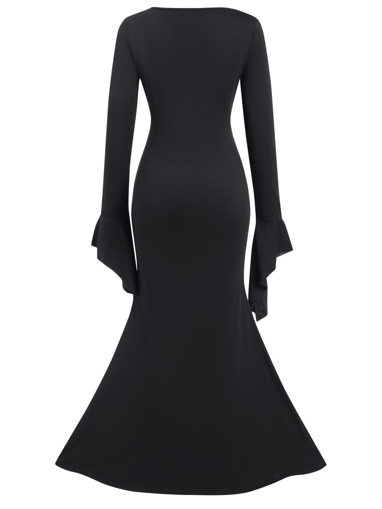 Robe sirène noire manches chauve-souris des années 1930