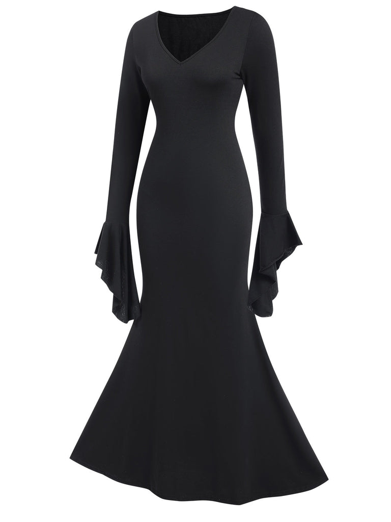 Robe sirène noire manches chauve-souris des années 1930