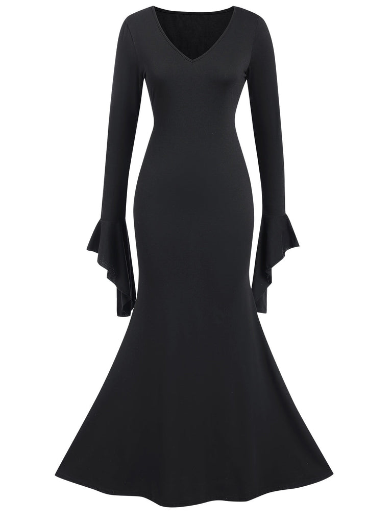Robe sirène noire manches chauve-souris des années 1930
