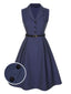 [Pré-vente] Robe à ceinture à revers jean bleu uni des années 40