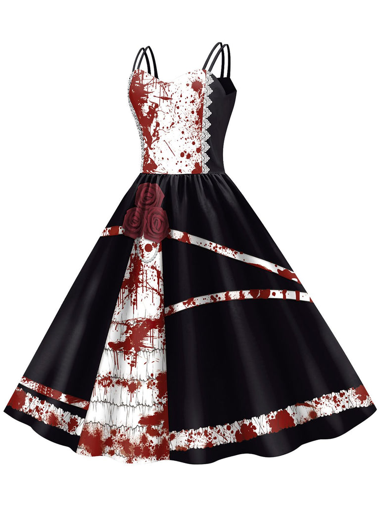 Robe d'Halloween doubles bretelles et roses sanglantes des années 1950