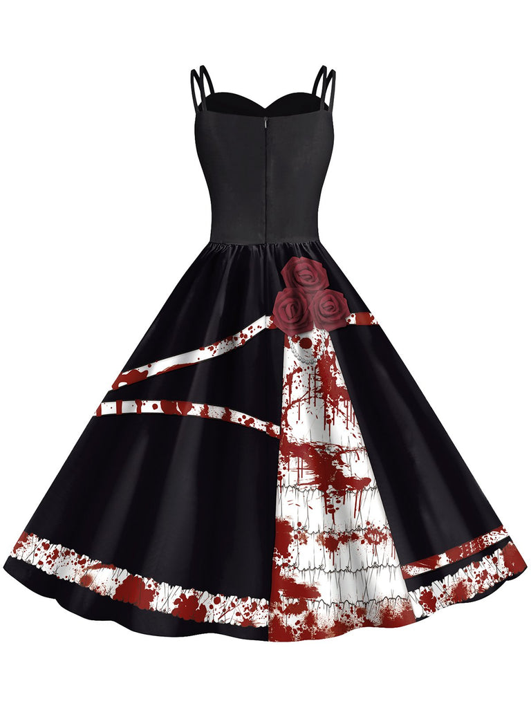 Robe d'Halloween doubles bretelles et roses sanglantes des années 1950
