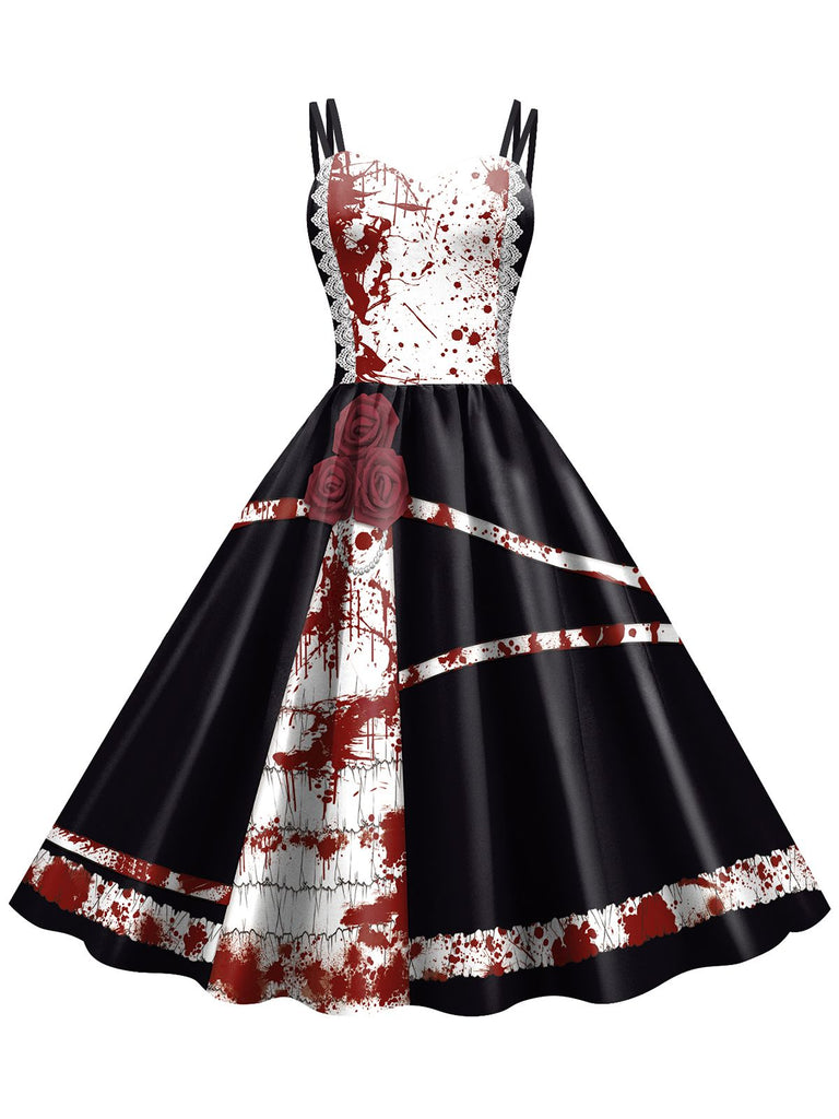 Robe d'Halloween doubles bretelles et roses sanglantes des années 1950