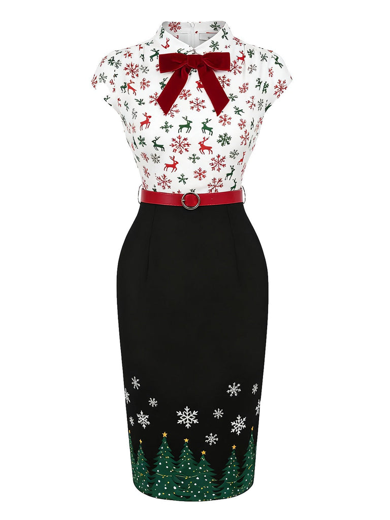 Robe crayon noire motif sapin de Noël renne flocon de neige années 1960