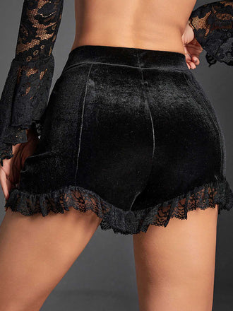 Short plissé en velourset dentelle noir uni des années 1970