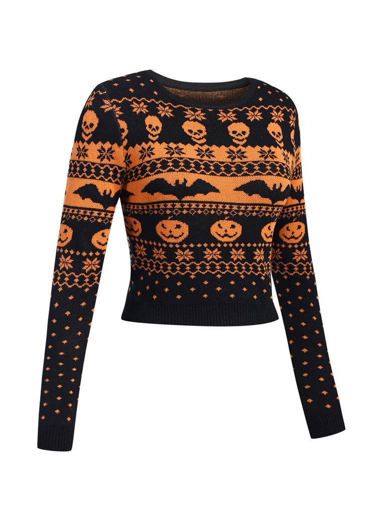 Pull court noir motif chauve-souris et tête de mort Halloween années 1970