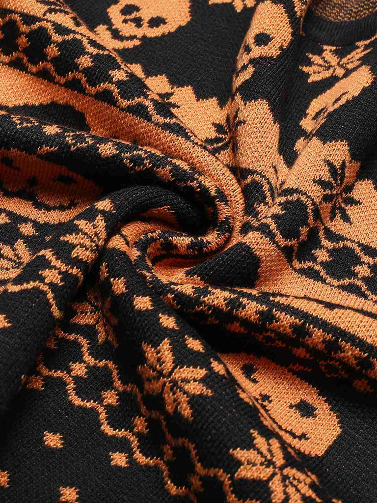 Pull court noir motif chauve-souris et tête de mort Halloween années 1970