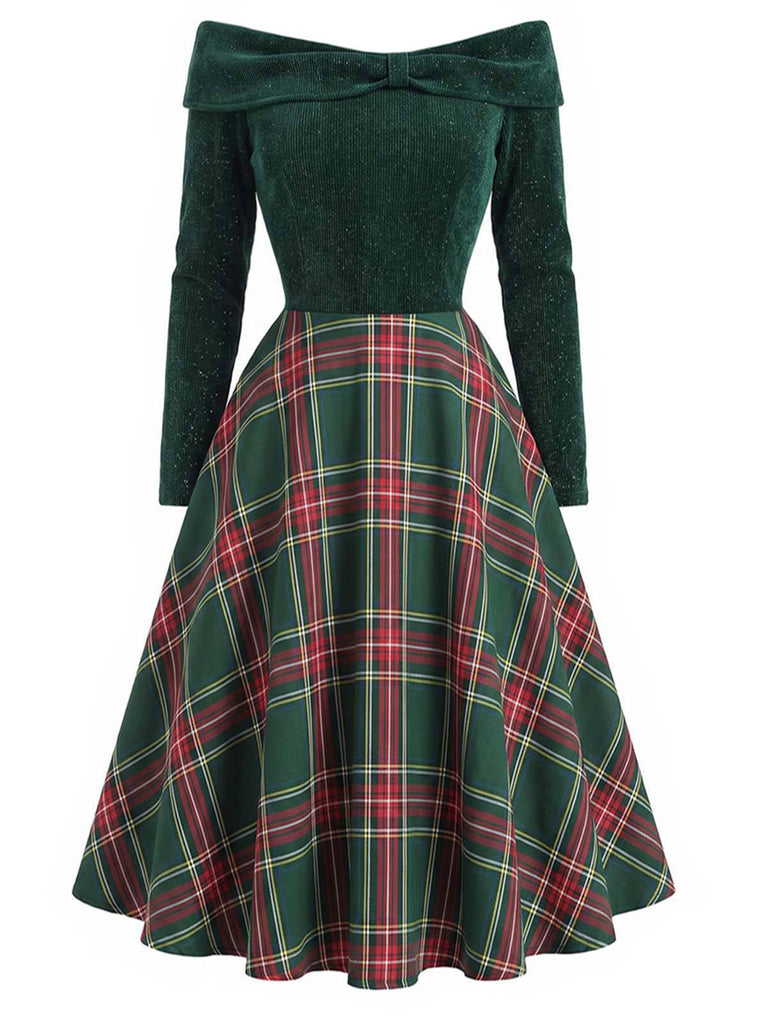Robe de Noël verte à épaules dénudées en tartan des années 1950