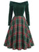 Robe de Noël verte à épaules dénudées en tartan des années 1950