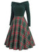 Robe de Noël verte à épaules dénudées en tartan des années 1950