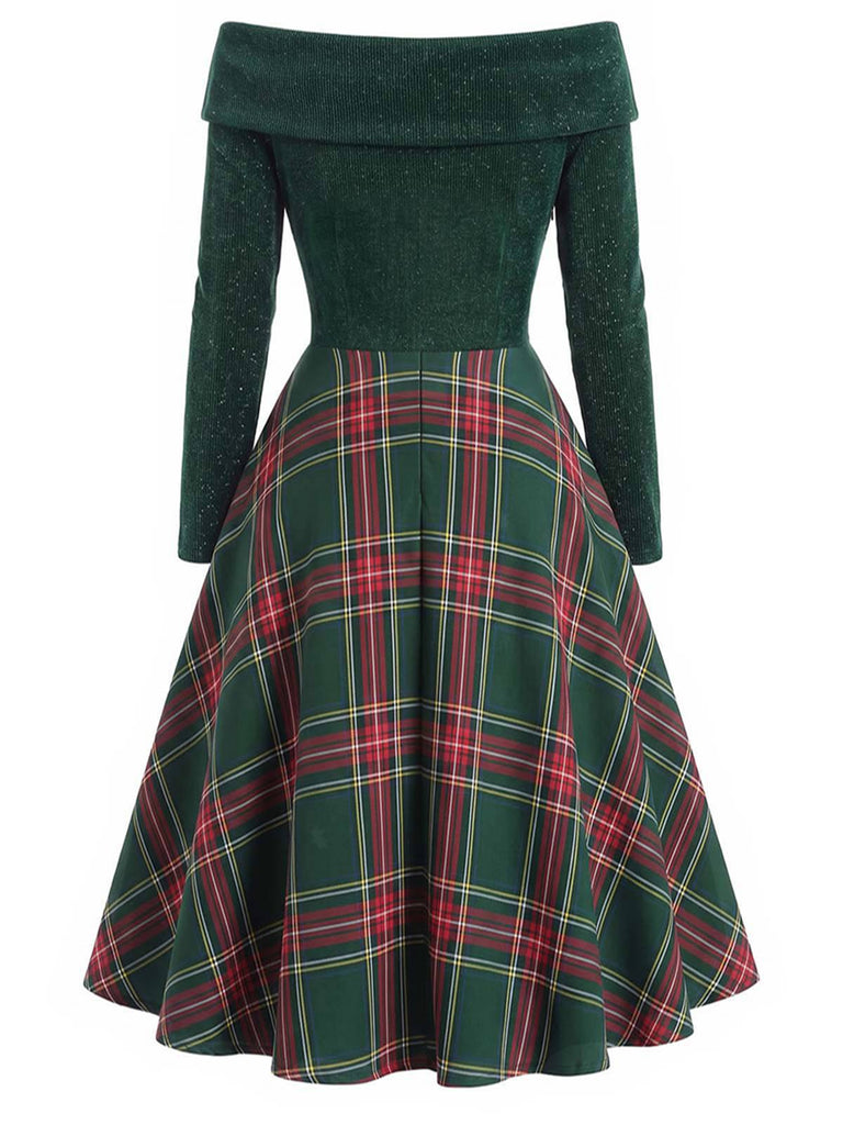 Robe de Noël verte à épaules dénudées en tartan des années 1950