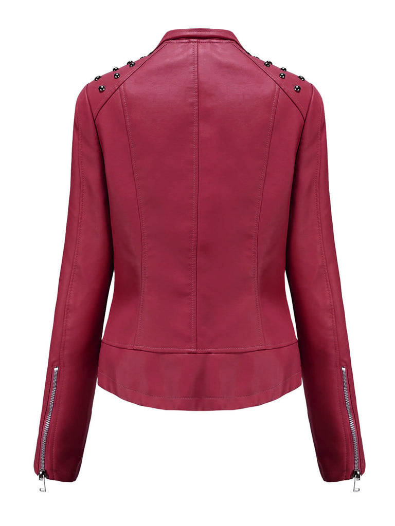Veste en cuir à revers rouge solide des années 1980