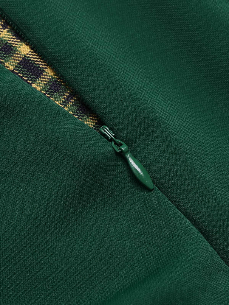 Robe à revers patchwork à carreaux verts des années 1950