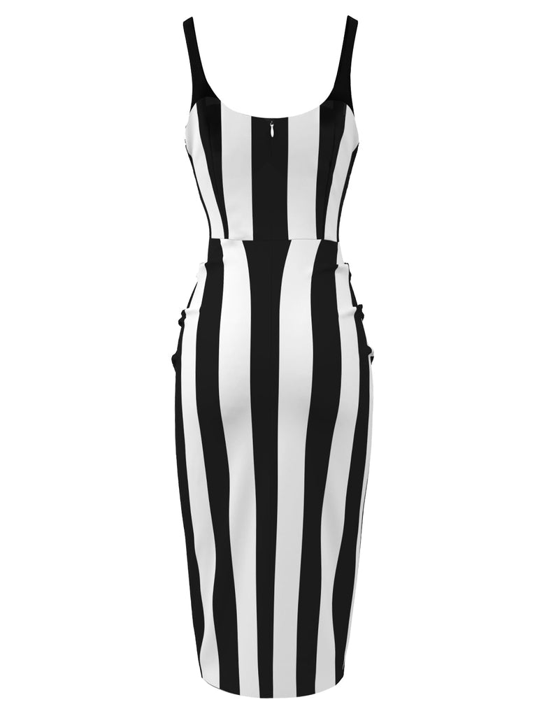 Robe crayon noire à bretelles à rayures verticales des années 1960