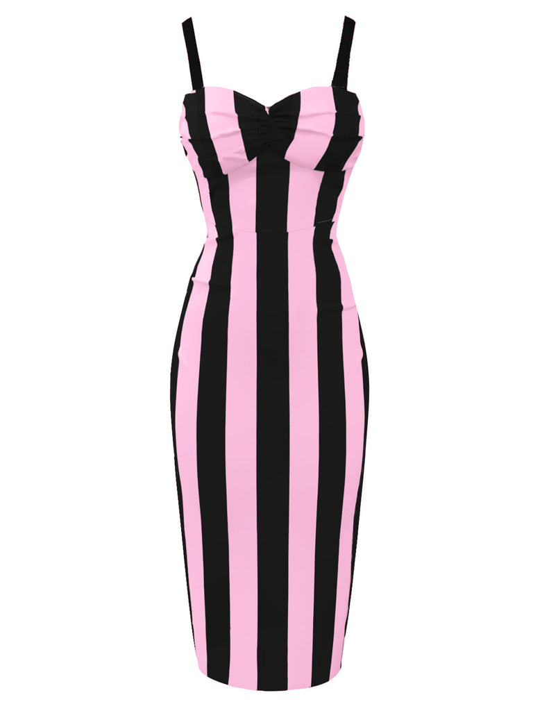 Robe crayon noire à bretelles à rayures verticales des années 1960