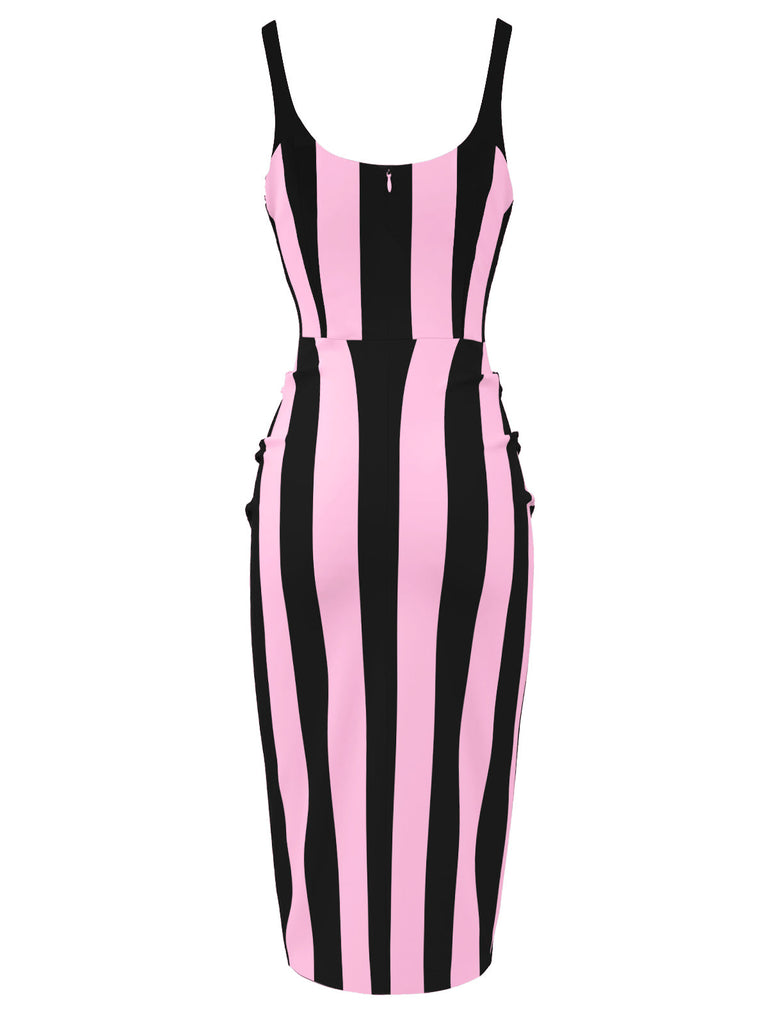 Robe crayon noire à bretelles à rayures verticales des années 1960