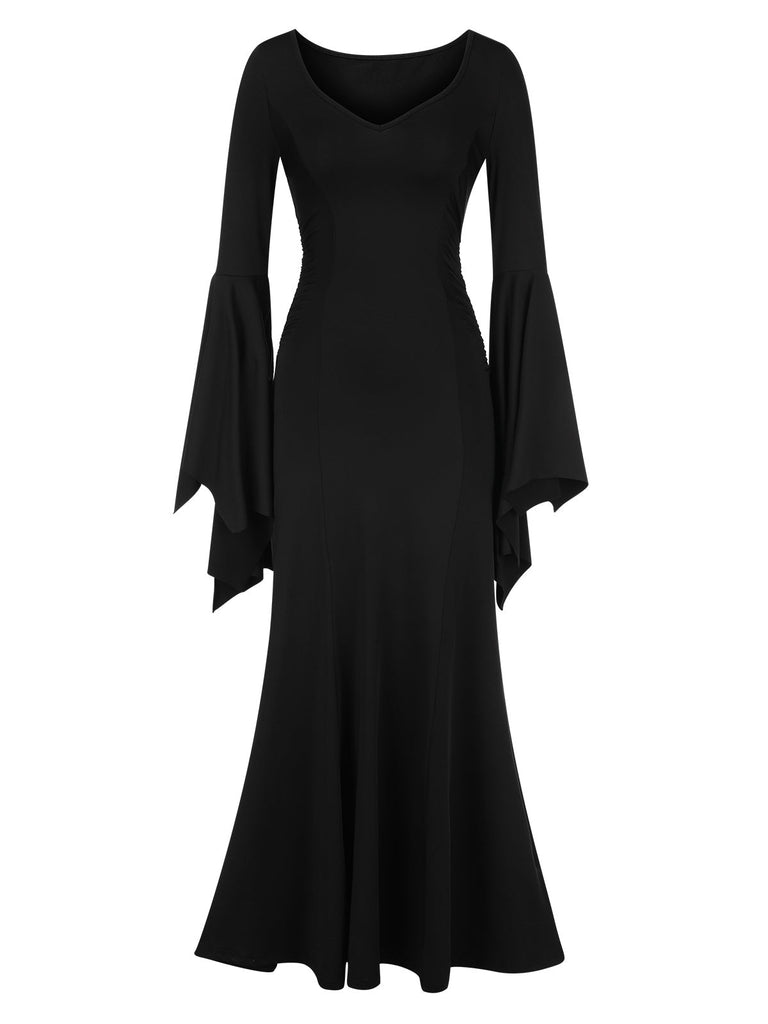 Robe sirène noire unie avec poignets chauve-souris des années 1930
