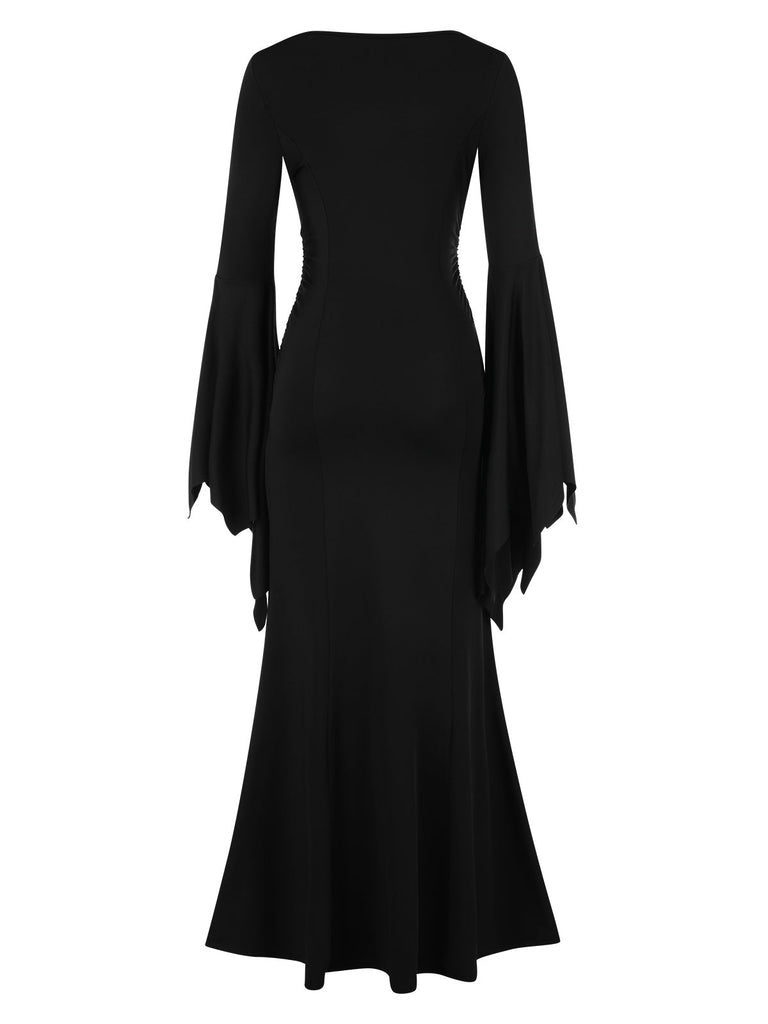 Robe sirène noire unie avec poignets chauve-souris des années 1930