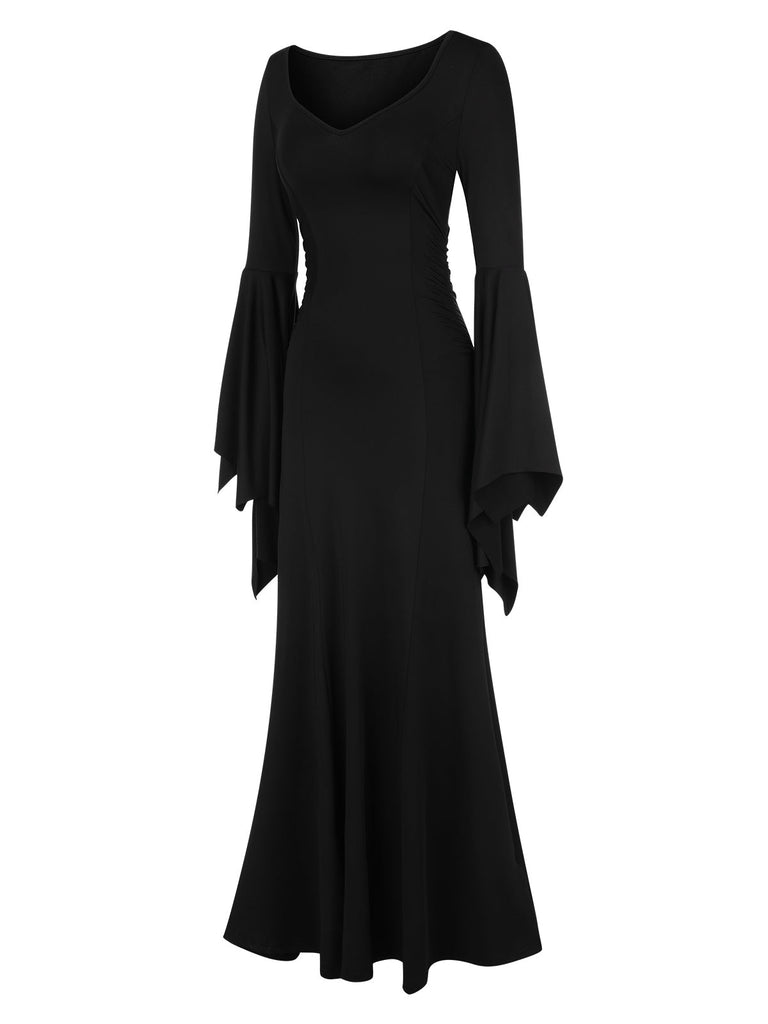 Robe sirène noire unie avec poignets chauve-souris des années 1930