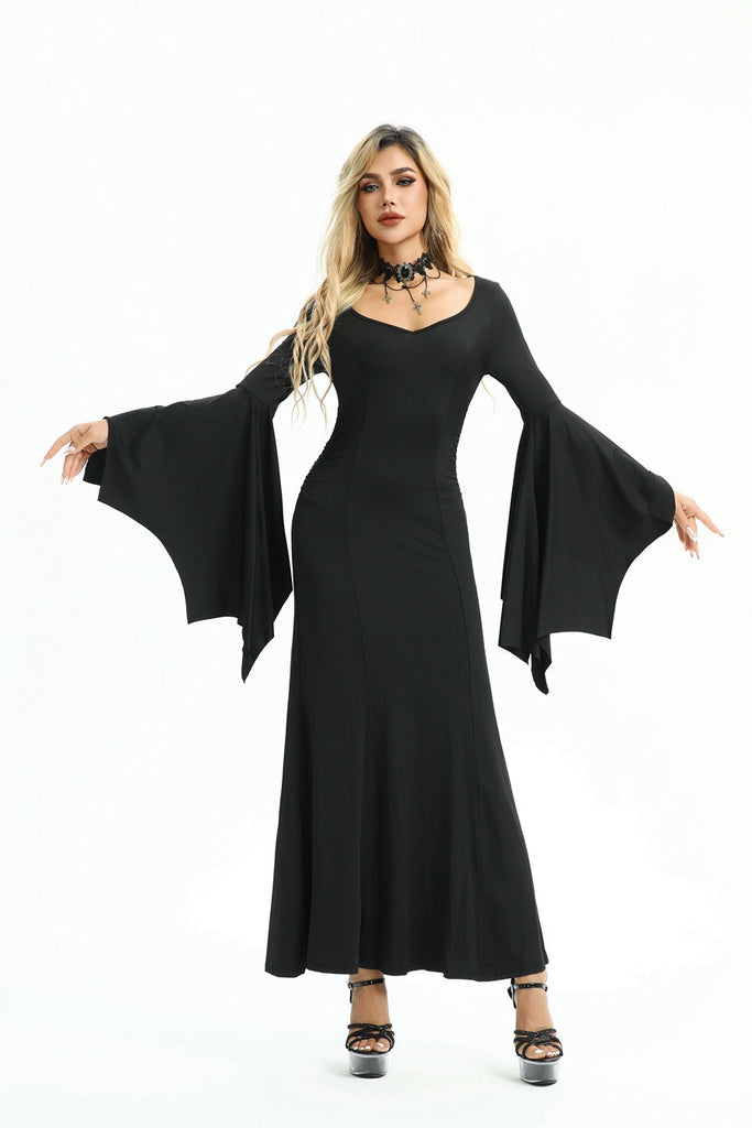 Robe sirène noire unie avec poignets chauve-souris des années 1930