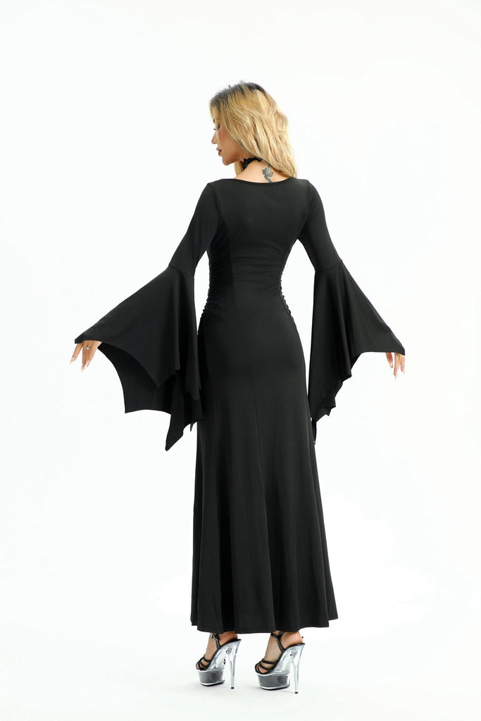 Robe sirène noire unie avec poignets chauve-souris des années 1930