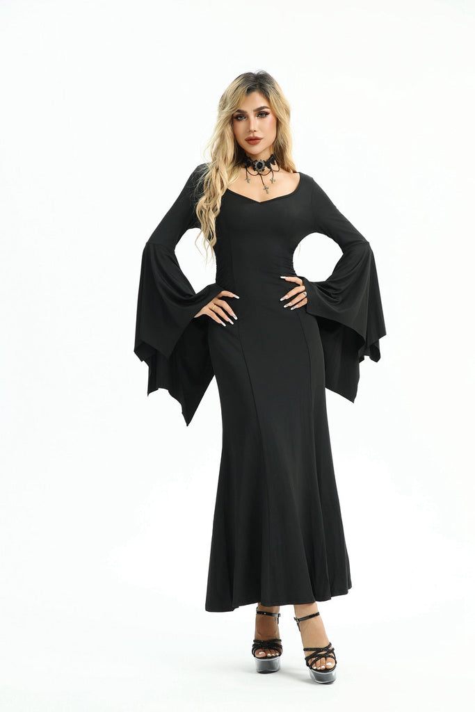 Robe sirène noire unie avec poignets chauve-souris des années 1930