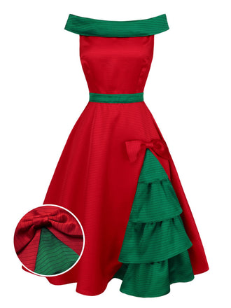 Robe à épaules dénudées rouge et verte sapin de Noël des années 1950