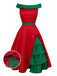 Robe à épaules dénudées rouge et verte sapin de Noël des années 1950
