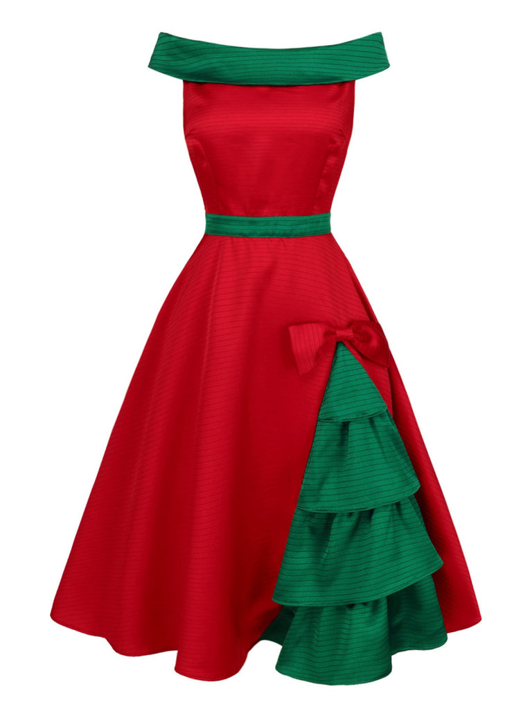 Robe à épaules dénudées rouge et verte sapin de Noël des années 1950